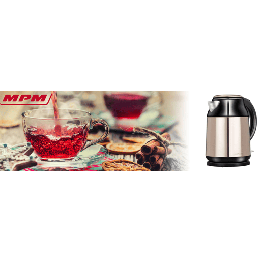 MPM MCZ-91M Jarro Eléctrica 1,7 L, Chaleira Eléctrica, Aço Inoxidável sem BPA, Sem Fios, Elemento de Aquecimento Ocultado, 2000, Prata negra