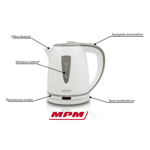 MPM MCZ-64 Jarro Eléctrica Compacto 1L, Chaleira Eléctrica, BPA livre, Resistência Oculta, sem Fios, 1200, Branco