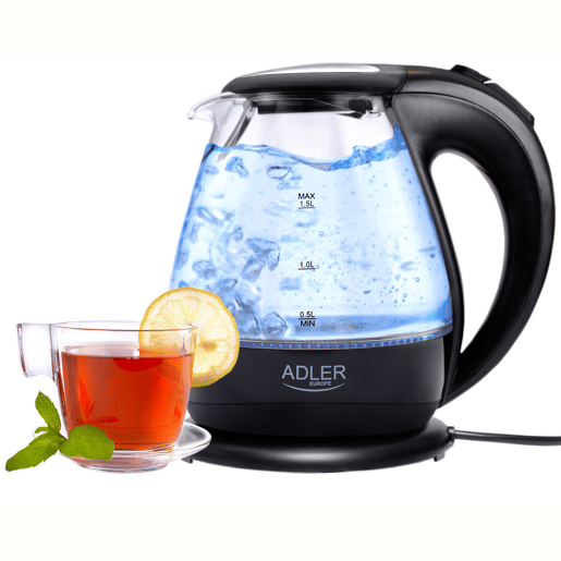 Adler AD 1224 Chaleira Eléctrica em Vidro 1,5 L, Interior Iluminado, sem Fios Desligamento Automático, 2200, Preto