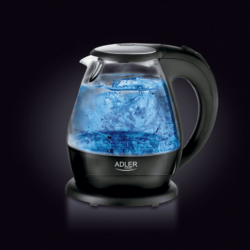 Adler AD 1224 Chaleira Eléctrica em Vidro 1,5 L, Interior Iluminado, sem Fios Desligamento Automático, 2200, Preto