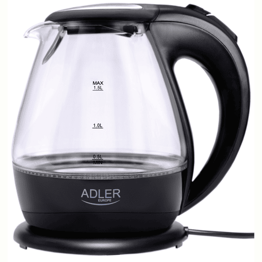 Adler AD 1224 Chaleira Eléctrica em Vidro 1,5 L, Interior Iluminado, sem Fios Desligamento Automático, 2200, Preto