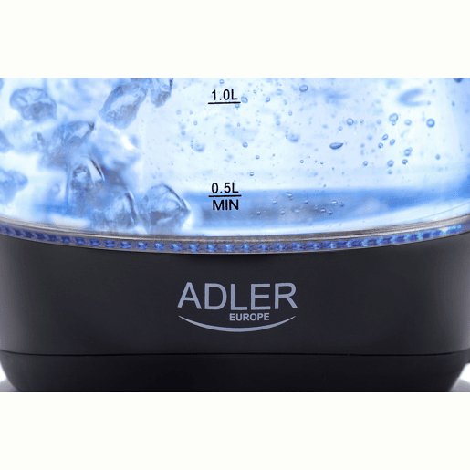 Adler AD 1224 Chaleira Eléctrica em Vidro 1,5 L, Interior Iluminado, sem Fios Desligamento Automático, 2200, Preto