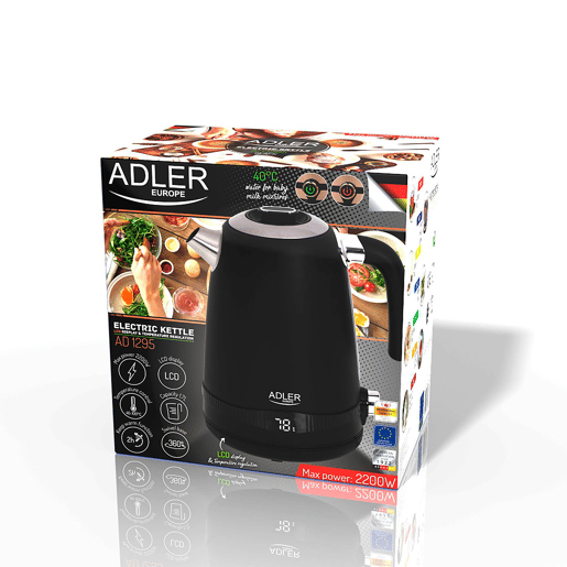 Adler AD1295B Chaleira Eléctrica 1.7 L, Jarro Elétrico, Vintage, BPA Free, Controlo de Temperatura, Aço inoxidável, Sem fios, Elemento de Aquecimento Oculto, 2200, Preto