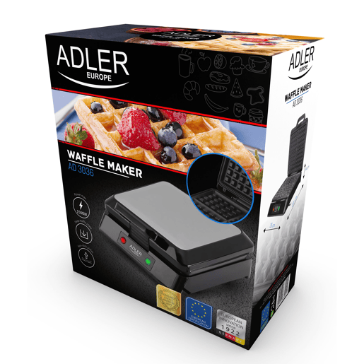 Adler AD3036 Máquina de Waffles Eléctrica 4 Waffles Belgas, Placas Anti-aderentes, 1500, Prata