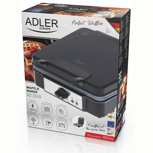 Adler AD3049 Máquina de Waffles Eléctrica 4 Waffles Belgas Grossos, Placas Antiaderentes, Termóstato Ajustável, 1800, Preto