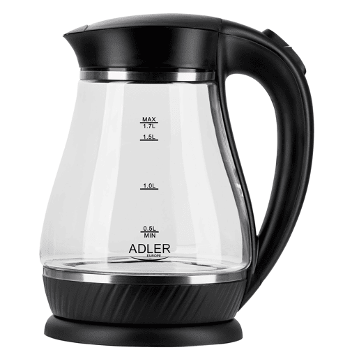 Adler AD1274B Chaleira Eléctrica em Vidro 1,7 L, Interior Iluminado, sem Fios Desligamento Automático, 2200, Preto
