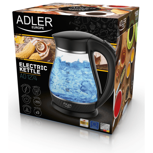 Adler AD1274B Chaleira Eléctrica em Vidro 1,7 L, Interior Iluminado, sem Fios Desligamento Automático, 2200, Preto