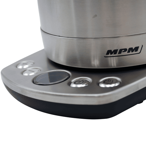 MPM MCZ-51 Jarro Eléctrica 1,7 L, Chaleira Eléctrica, Aço Inoxidável, sem BPA, Sem Fios, Painel de Controlo, Elemento de Aquecimento Oculto, 2200, Prata