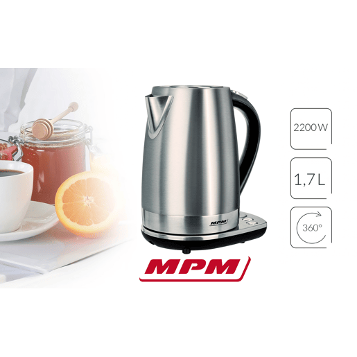 MPM MCZ-51 Jarro Eléctrica 1,7 L, Chaleira Eléctrica, Aço Inoxidável, sem BPA, Sem Fios, Painel de Controlo, Elemento de Aquecimento Oculto, 2200, Prata