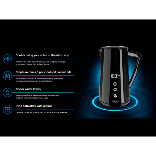 SWAN SK14650BLKNEU Alexa Chaleira Eléctrica de Água Inteligente WIFI 1,5 L, Sem Fios, Ecrã Táctil LED, Função de Aquecimento 2H, 1800, Preto