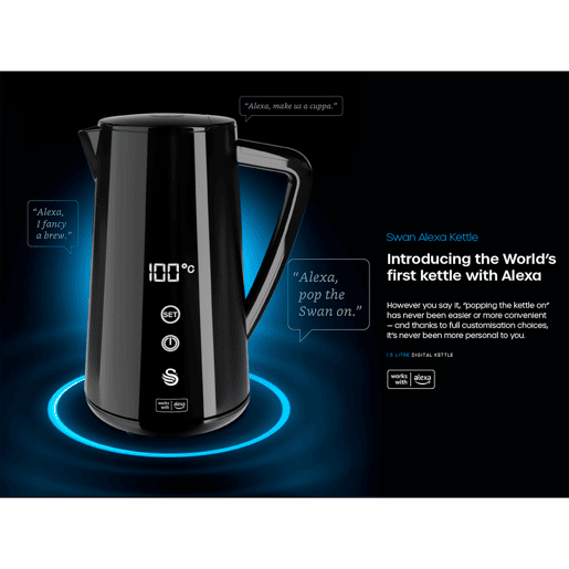 SWAN SK14650BLKNEU Alexa Chaleira Eléctrica de Água Inteligente WIFI 1,5 L, Sem Fios, Ecrã Táctil LED, Função de Aquecimento 2H, 1800, Preto