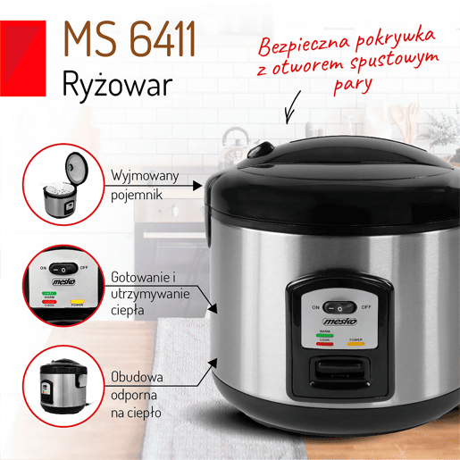 Mesko MS6411 Arrozeira Panela Eléctrica de Arroz 1,5 Litros, Função Manter Quente, Cozinhar a Vapor, 1000, Prata