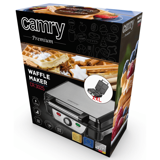 Camry CR 3025 Máquina de Waffles Eléctrica, 4 Waffles Belgas, Placas Anti-aderentes, Termóstato Ajustável, 1500, Prata