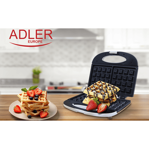 Adler AD 311 Máquina de Waffles Eléctrica 2 Waffles Belgas Grossos, Placas Antiaderentes Automática, 700, Branco