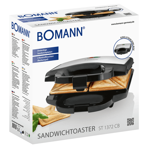Bomann ST 1372 CB Sanduicheira 2 Sanduíches, Revestimento Anti-aderente, Controlo Automático da Temperatura, 750, Prata negra