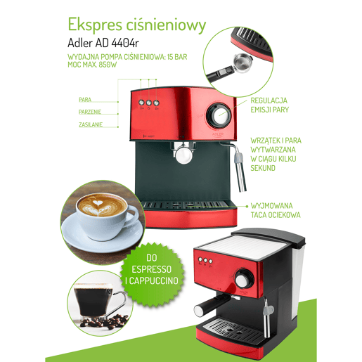 Adler AD 4404R Máquina de Café Expresso Automatica 15 Bars, Tanque de 1,6 L,Bocal para Leite, 850, Vermelho
