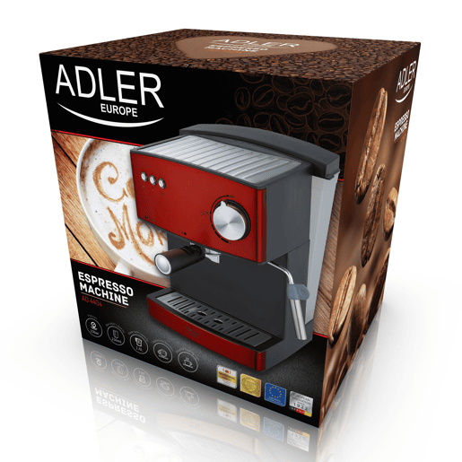 Adler AD 4404R Máquina de Café Expresso Automatica 15 Bars, Tanque de 1,6 L,Bocal para Leite, 850, Vermelho