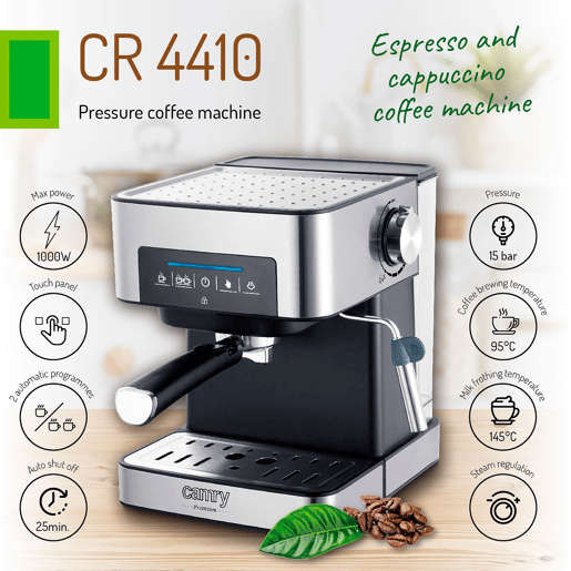 Camry CR 4410 Máquina de Café Expresso Automática 15 Bars, Tanque de 1,6 L,Bocal para Leite, 1000, Prata negra