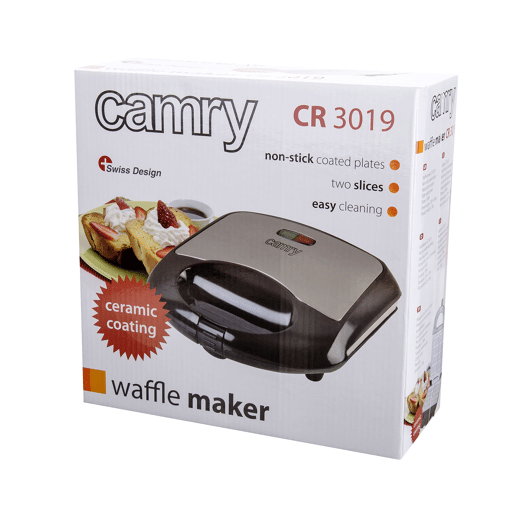 Camry CR 3019 Máquina de Waffles Eléctrica 2 Waffles Belgas Grossos, Placas de Cerâmica Antiaderente, 1000, Prata