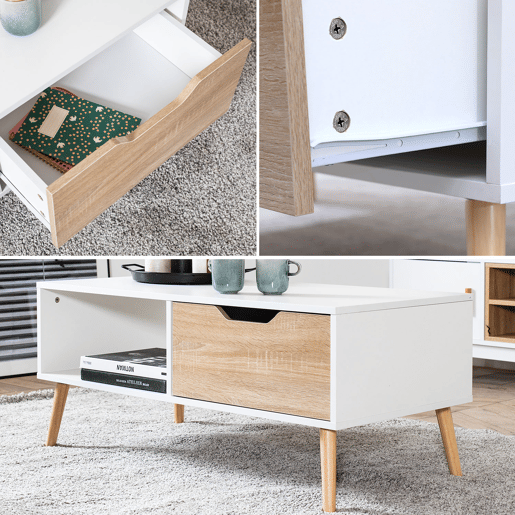 Mesa baja blanca de estilo escandinavo con cajón FREJA Mesa baja blanca de estilo escandinavo con cajón FREJA