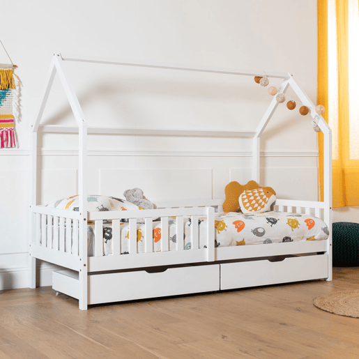 Cama cabaña blanca con cajones para niños MARCEAU 190x90cm