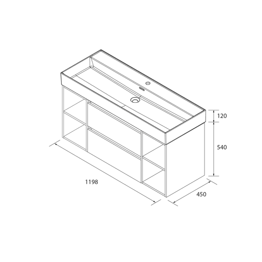 Móvel 120 cm 2 gavetas branco mate e 2 armários laterais 2 furos carvalho com lavatório em porcelana