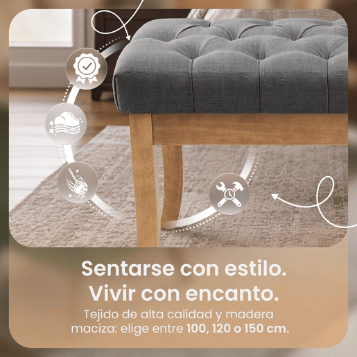 Banco Ramses tapizado en tela con estructura de madera clara Gris 38X100X46 cm Banco Ramses tapizado en tela con estructura de madera clara Gris 38X100X46 cm