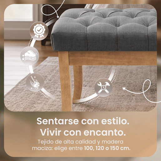 Banco Ramses tapizado en tela con estructura de madera clara Gris 38X120X46 cm Banco Ramses tapizado en tela con estructura de madera clara Gris 38X120X46 cm