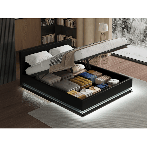 Cama LED com baú Anastasia - 180 x 200 cm - Preto