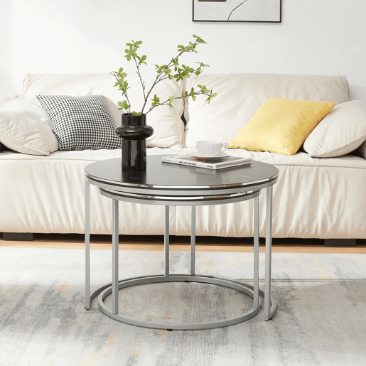 Conjunto de 2 mesas de centro Skagen 50xØ 70 cm - Mármore preto  Prateado en.casa