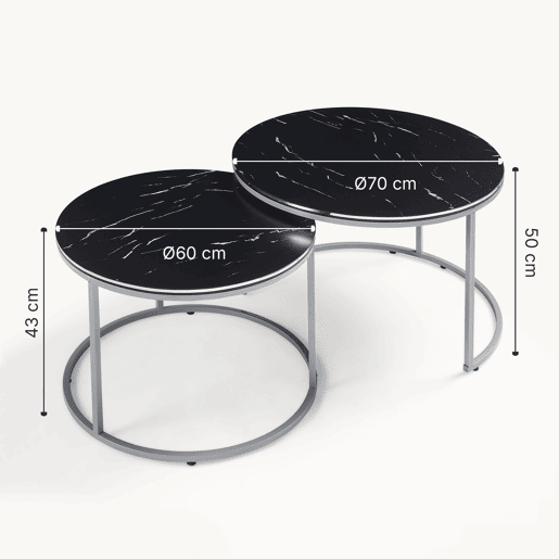 Conjunto de 2 mesas de centro Skagen 50xØ 70 cm - Mármore preto  Prateado en.casa