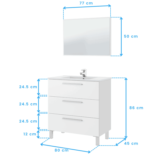 Móvel de casa de banho branco Athena 3 gavetas + espelho Branco brilhante 80 x 86 x 45cm cm