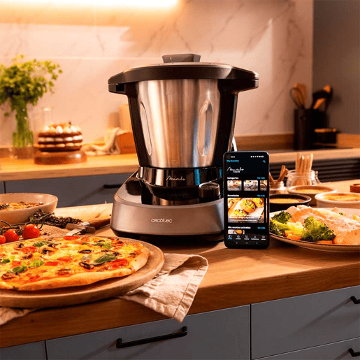 Cecotec Robô de cozinha com 37 funções, APP, balança e jarro de aço inoxidável apta para máquina da louça.