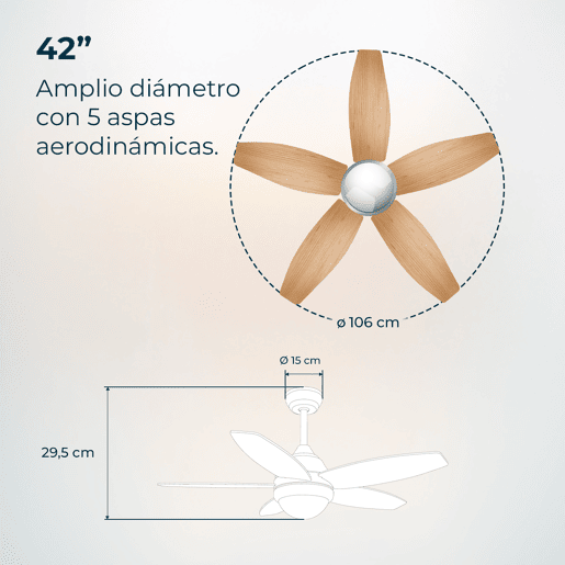 Cecotec Ventoinha de teto de 55 W e 42u201D, luz LED, controlo remoto, 3 velocidades, temporizador e 5 pás reversíveis.