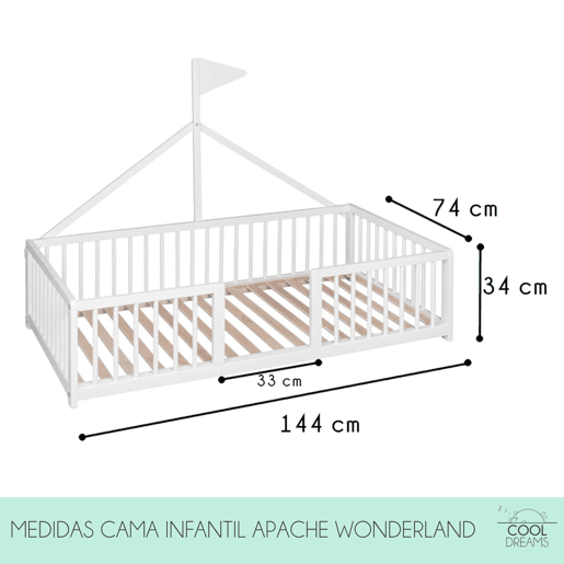 Cama tepee Montessori Apache Wonderland 140x70 em madeira de faia e cor branca + colchão Morfeo + protetor de colchão