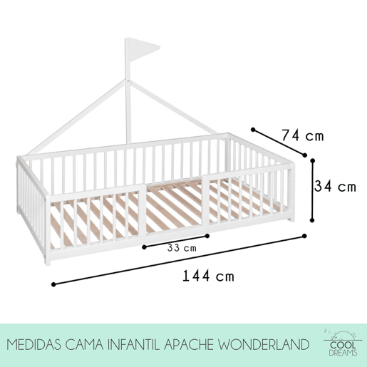 Cama tepee Apache Wonderland Montessori 140x70 em madeira de faia e cor branca