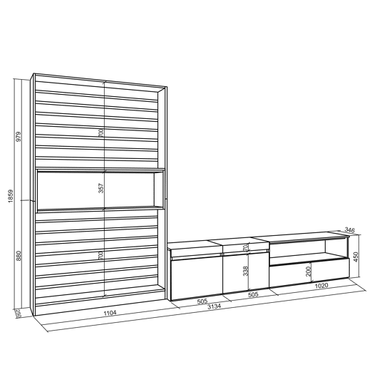 Conjunto de móveis TV, Mobiliário sala de estar, 310x35x186cm, Para televisores até 80, Estante para TV, Estilo moderno, Branco e preto