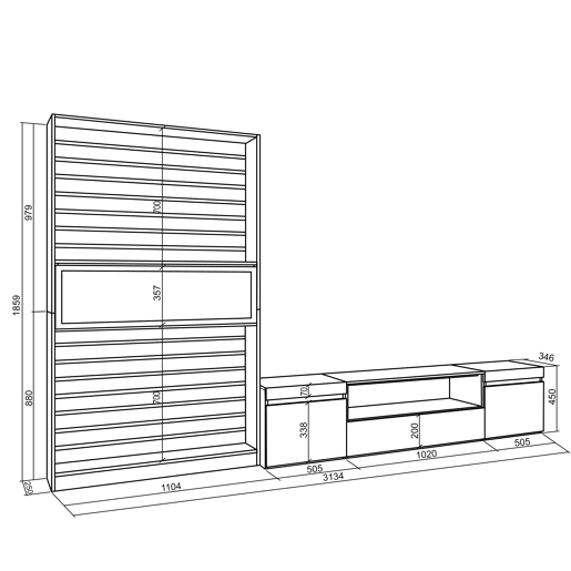 Conjunto de móveis TV, Mobiliário sala de estar, 310x35x186cm, Para televisores até 80, Lareira eléctrica XXL, Estilo moderno, Branco e preto