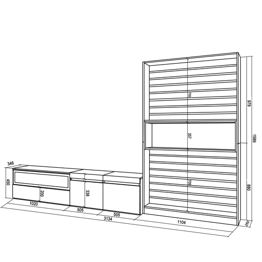 Conjunto de móveis TV, Mobiliário sala de estar, 310x35x186cm, Para televisores até 80, Estante para TV, Estilo moderno, Branco e preto