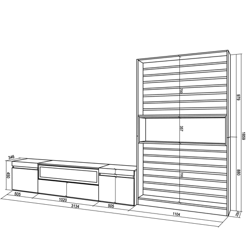 Conjunto de móveis TV, Mobiliário sala de estar, 310x35x186cm, Para televisores até 80, Lareira eléctrica, Estilo moderno, Branco e preto