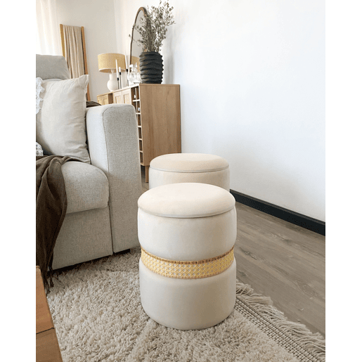 Conjunto de 2 tamboretes com arrumação MEDFORD Veludo Creme 3034 cm 3034 cm 3843 cm