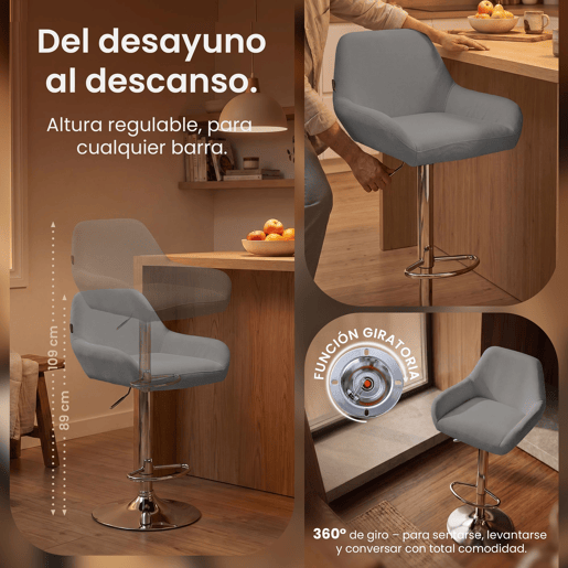 Set de 2 taburetes de bar Braga de tela Gris 52X51X89 cm Set de 2 taburetes de bar Braga de tela Gris 52X51X89 cm