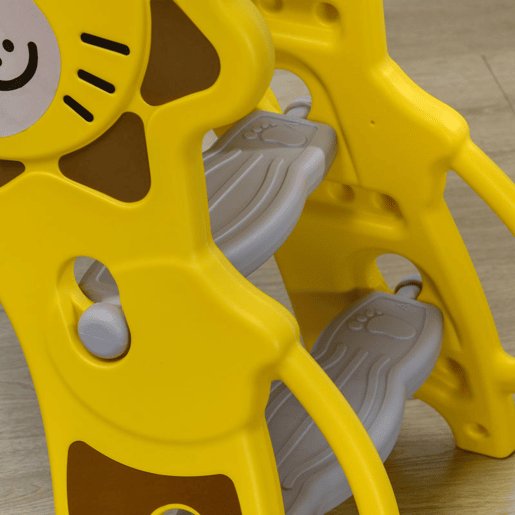 AIYAPLAY Escorrega para Crianças 2 em 1 Escorrega para Crianças de 18 a 36 Meses com 2 Degraus Cesta de Basquetebol e Desenho de Leão para Interior 131x50x74 cm Amarelo e Cinza