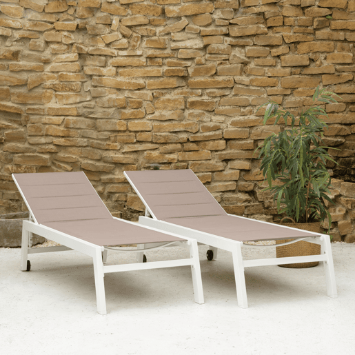 Lote de 2 tumbonas BARBADOS en textileno color topo - aluminio color blanco