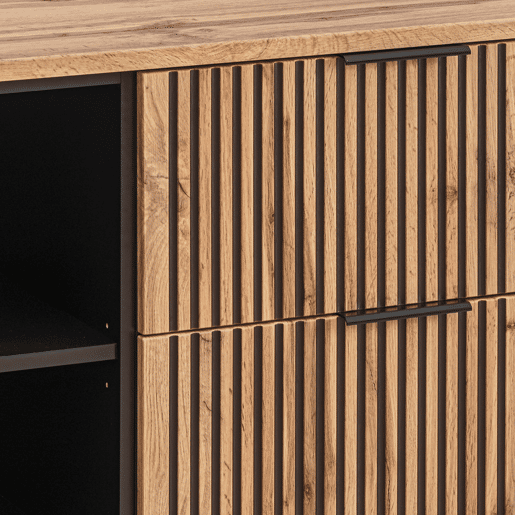 Conjunto móvel lavatório duplo 140cm 2 nichos e coluna Gaia Madeira e Preto