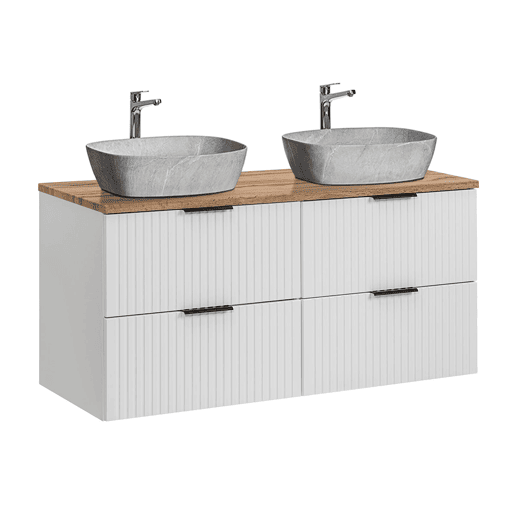Móvel de lavatório duplo de 120cm e coluna Adriel Branco e efeito Pedra Móvel de lavatório duplo de 120cm e coluna Adriel Branco e efeito Pedra