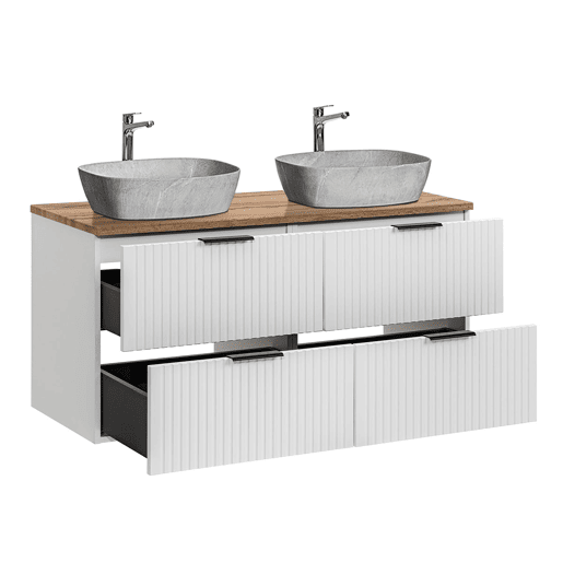 Móvel de lavatório duplo de 120cm e coluna Adriel Branco e efeito Pedra Móvel de lavatório duplo de 120cm e coluna Adriel Branco e efeito Pedra