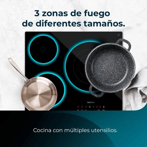 Cecotec Placa de vitrocerâmica de 3 zonas, 9 níveis, potência máxima de 5700 W e controlo tátil.