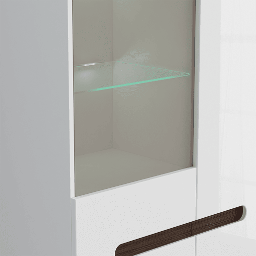 Armário de porcelana 2 portas com LED Darrel Branco laquê e Madeira