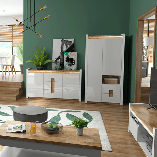 Aparador 2 portas 3 gavetas com LED Helios Branco laqué e Madeira